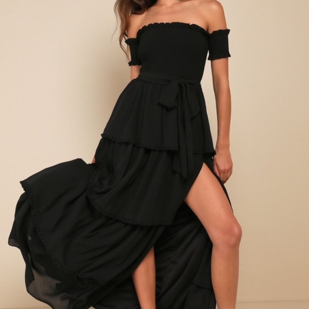 Lulus Stunning Poise Black Off-the-shoulder Smocked Tiered Maxi Dress - Size S - Picture 1 of 1